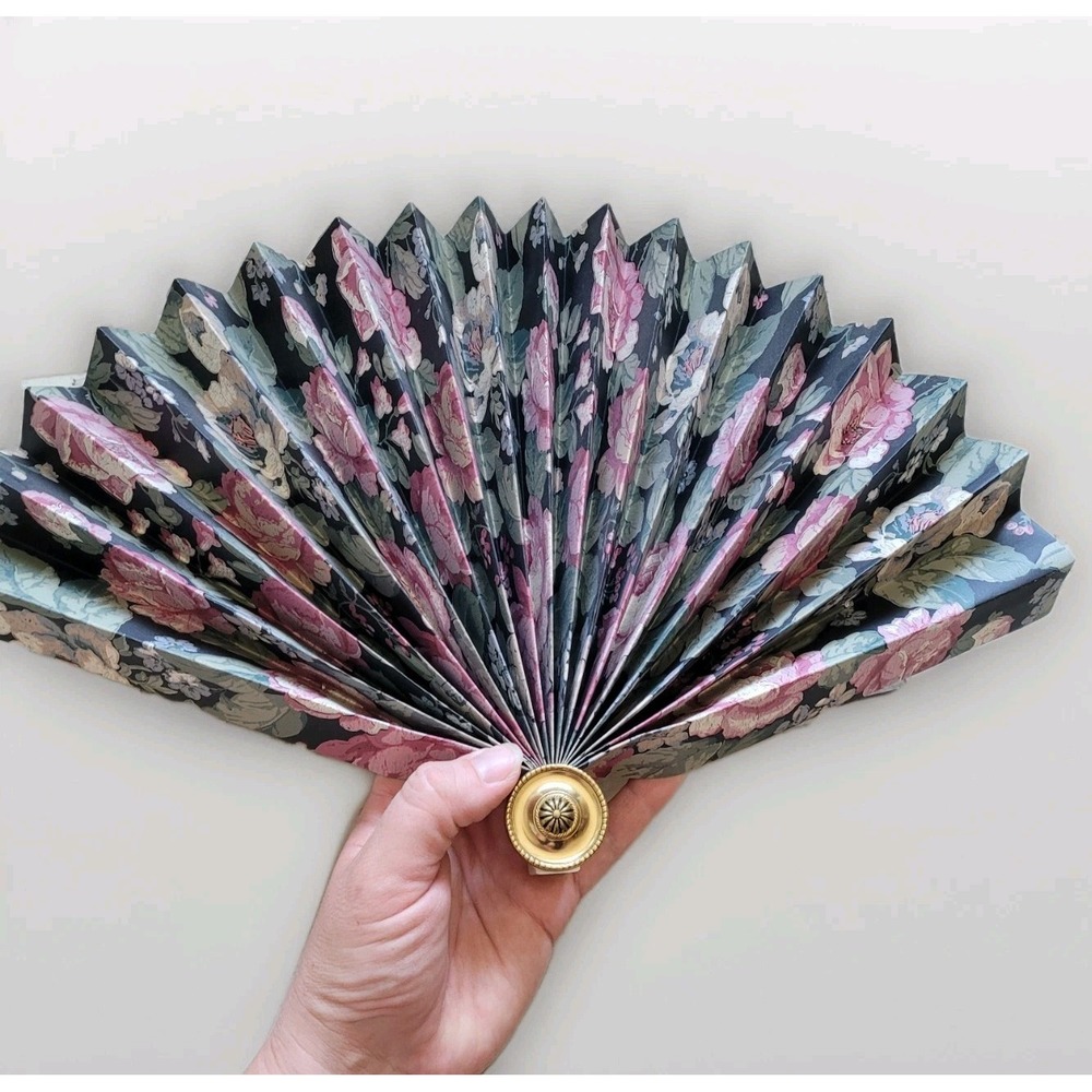 VTG Floral‎ Folding Hand Fan Victorian Style Accordion Ornate Gold Tone Handle